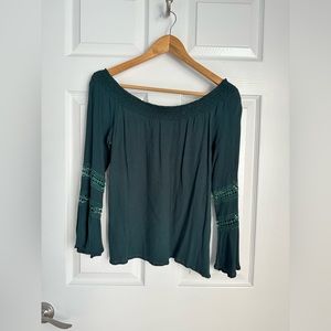 Dark Green Off the Shoulder Blouse with Bell Sleeves